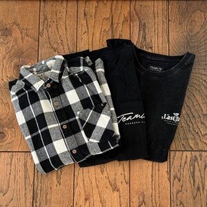 Team LTD Black Cotton Graphic Tee & Black-White Plaid Shirt Bundle
